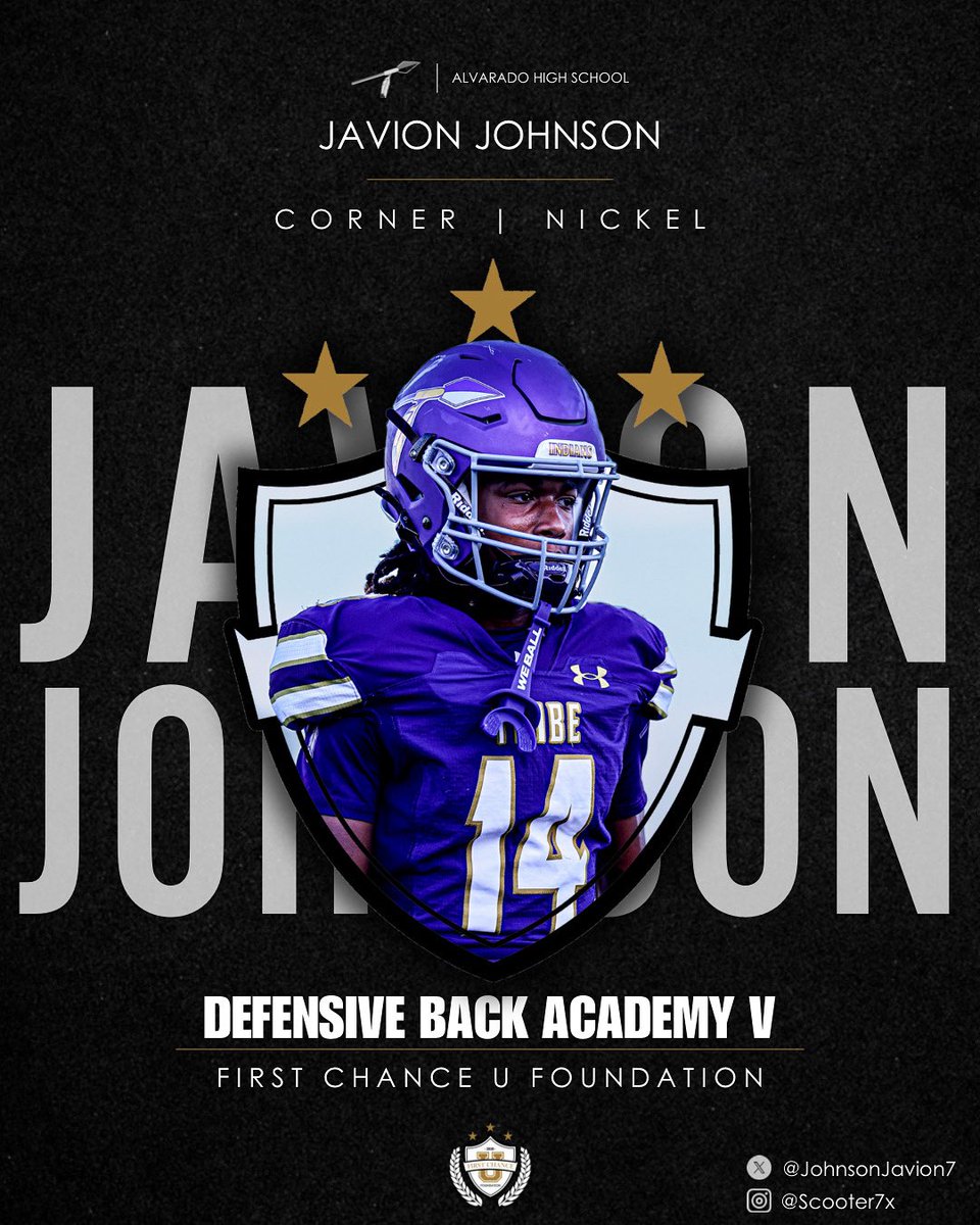 I’M IN 🏈
JaVion Johnson
Alvarado High School ’26

#FirstChanceU
#AlvaradoHighSchool
#FCUDBAcademyV