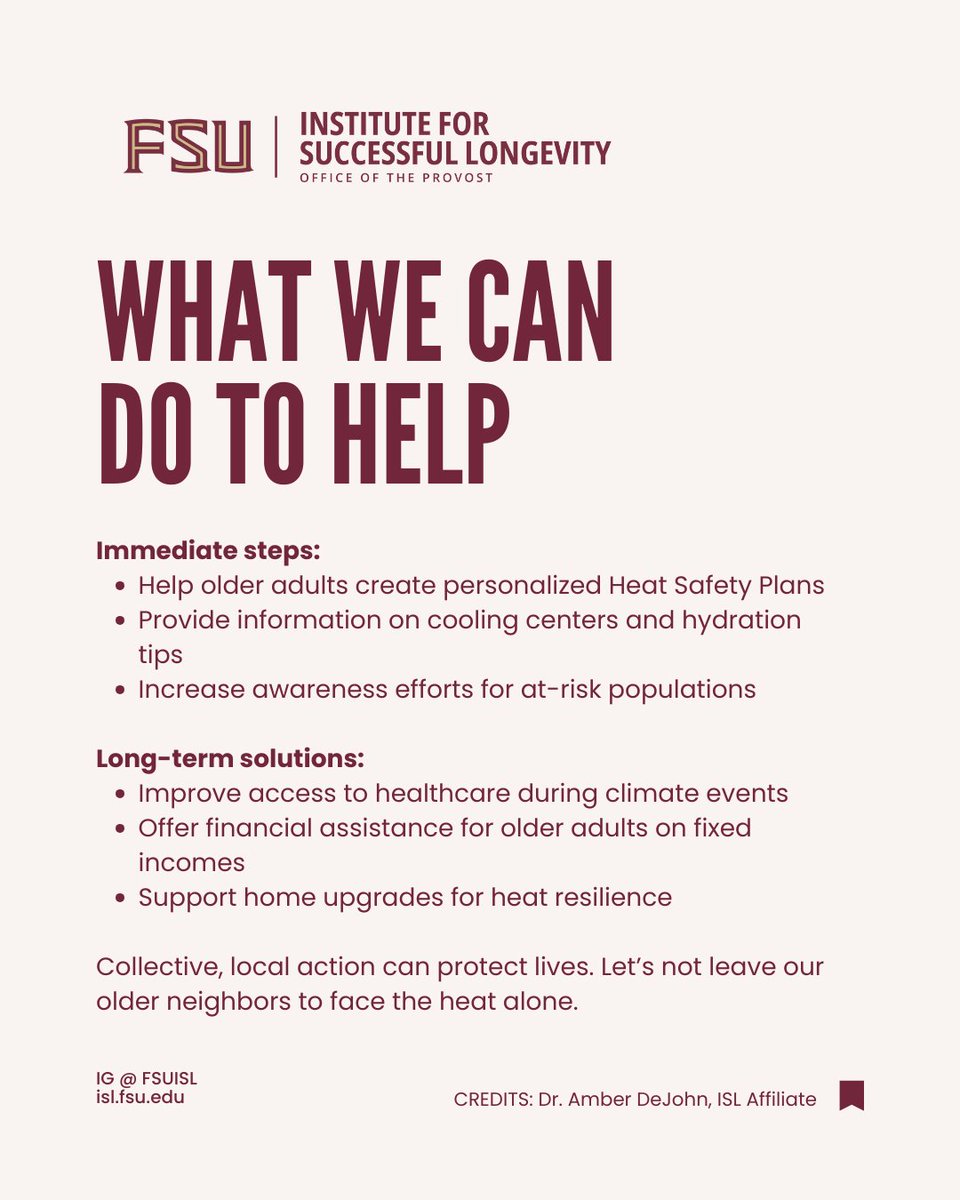 islfsu's tweet image. 🌡️ Florida is heating up - and so are the risks for older adults.
Swipe through to learn 3 impactful ways to support our older neighbors during rising temperatures.
Credits: Dr. Amber DeJohn
#FSUISL #HealthyAging #ClimateHealth #ExtremeHeat #Longevity #PublicHealth