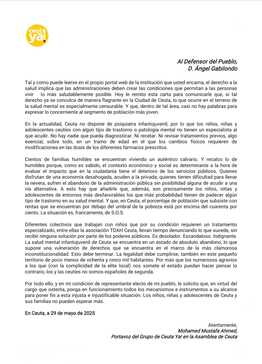 Esta es la carta que hemos remitido al Defensor del Pueblo denunciando lo que está sucediendo en el área de Salud Mental infantojuvenil. Esta situación no se puede soportar durante más tiempo 👇👇