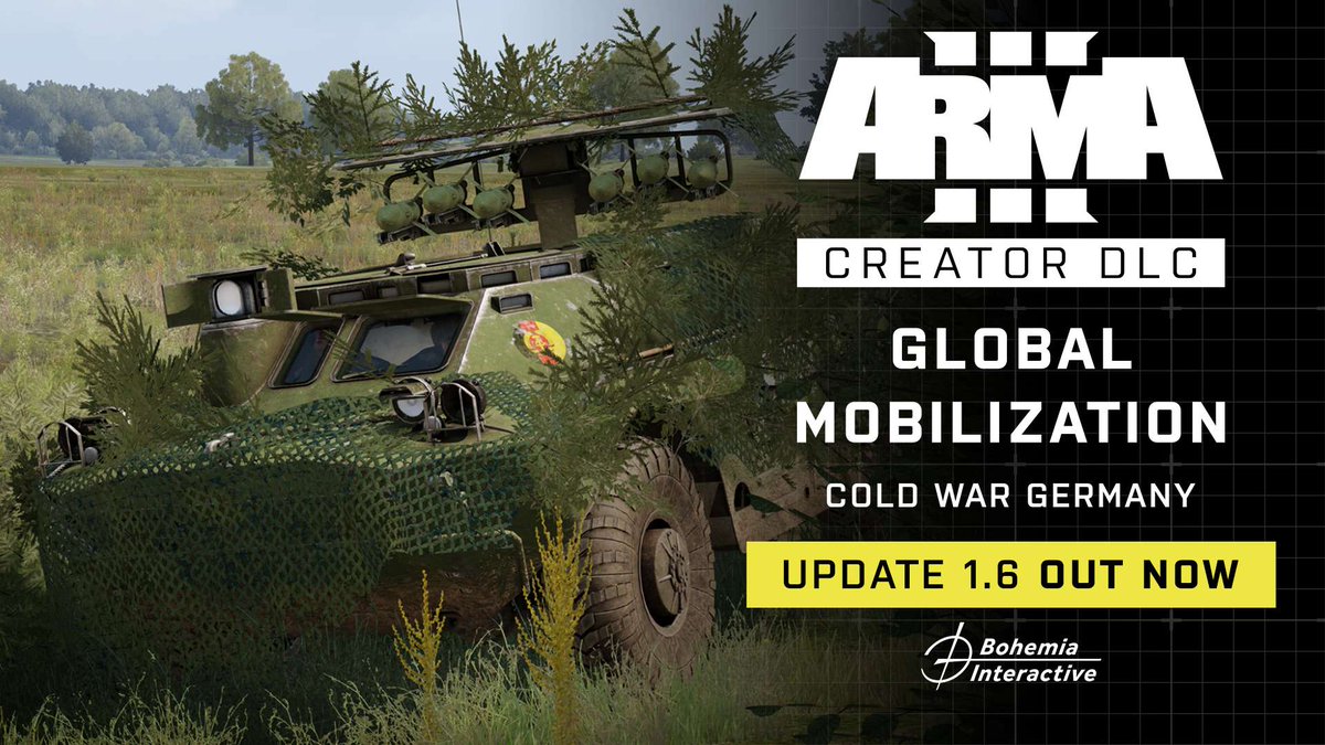 Update 1.6 for #Arma3 Creator DLC: Global Mobilization - Cold War Germany is here!

This update delivers new vehicles, weapons, equipment, features, and more.

Learn more: arma3.com/news/arma-3-cr…