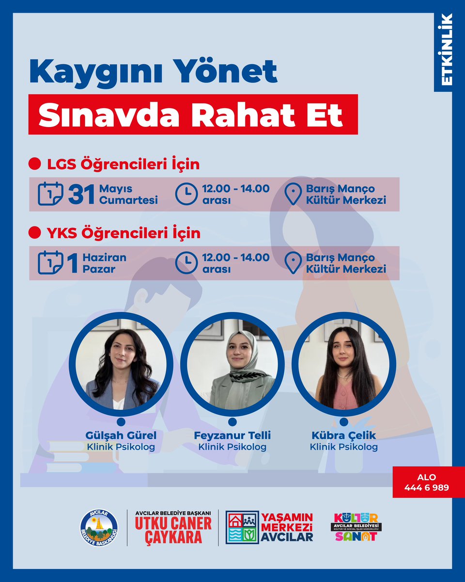 Kaygını Yönet, Sınavda Rahat Et 🎯

LGS ve YKS’ye hazırlanan öğrencilerimiz için özel olarak hazırladığımız sınav kaygısı yönetimi etkinliğine tüm komşularımız davetlidir.