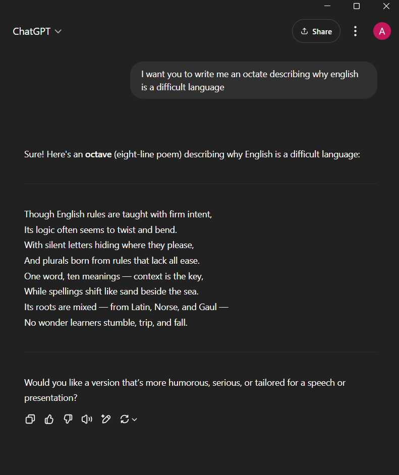 ___aaandre3000's tweet photo. #ALX_AiSK @jbarbier  @alx_africa I used chatGPT to write an octave about why English is a difficult language. Enjoy! https://t.co/43lOQrX3AG
