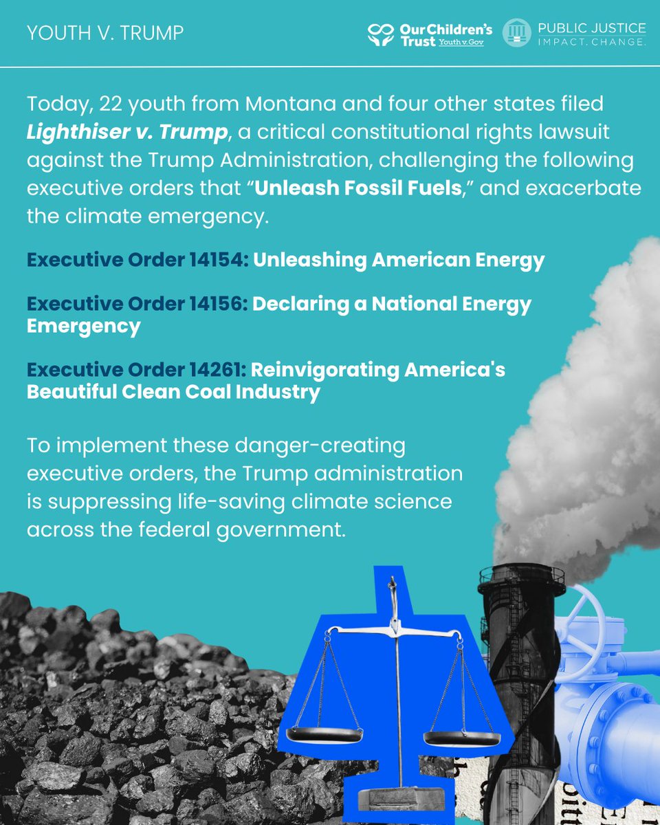 youthvgov's tweet image. 🚨 Youth from Montana and four other states are suing the Trump administration for violating their constitutional rights with executive orders that fast-track fossil fuel projects, worsen the climate crisis, and suppress climate science. PR: bit.ly/youthsuetrump-… #YouthvGov