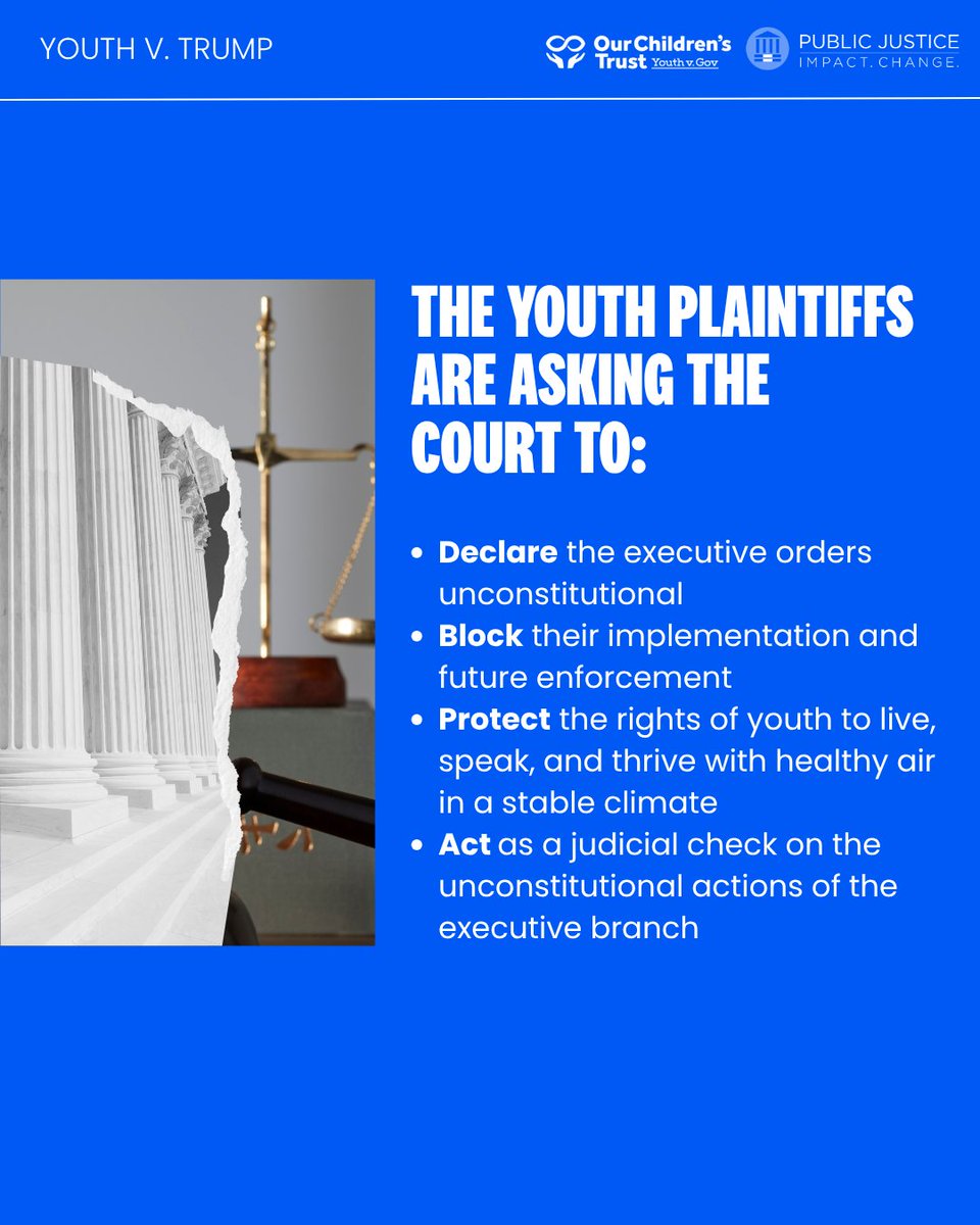 youthvgov's tweet image. 🚨 Youth from Montana and four other states are suing the Trump administration for violating their constitutional rights with executive orders that fast-track fossil fuel projects, worsen the climate crisis, and suppress climate science. PR: bit.ly/youthsuetrump-… #YouthvGov