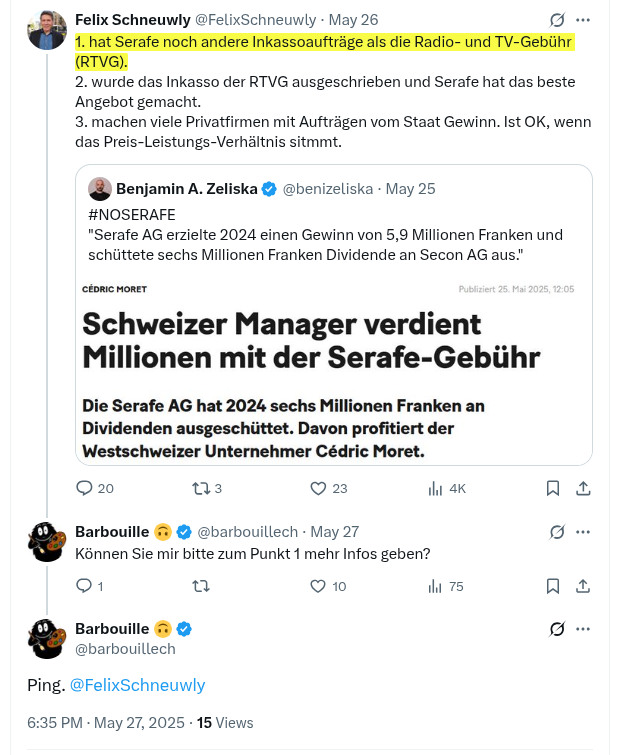 Barbouille 🙃 (@barbouillech) on Twitter photo Hat jemand vielleicht einen direkten Draht zu <a href="/FelixSchneuwly/">Felix Schneuwly</a> ? Ich würde gerne mehr zum Punkt 1 erfahren, kriege aber keine Antwort. Danke. Hat jemand vielleicht einen direkten Draht zu <a href="/FelixSchneuwly/">Felix Schneuwly</a> ? Ich würde gerne mehr zum Punkt 1 erfahren, kriege aber keine Antwort. Danke.
