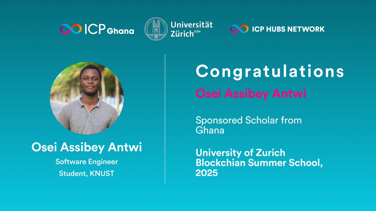 ICP HUB Ghana (@icphub_gh) on Twitter photo ๐ฌ๐ญ Weโre pleased to share that <a href="/nana_osei_aa/">Nana Osei Assibey Antwi</a> from Ghana has been selected to participate in the
<a href="/uzh_blockchain/">UZH Blockchain Center</a> Summer School 2025, taking place from June 30 to July 18 in Switzerland.
From coding sessions in Kumasi to deep dives in Zurich
His participation is fully supported ๐ฌ๐ญ Weโre pleased to share that <a href="/nana_osei_aa/">Nana Osei Assibey Antwi</a> from Ghana has been selected to participate in the
<a href="/uzh_blockchain/">UZH Blockchain Center</a> Summer School 2025, taking place from June 30 to July 18 in Switzerland.
From coding sessions in Kumasi to deep dives in Zurich
His participation is fully supported