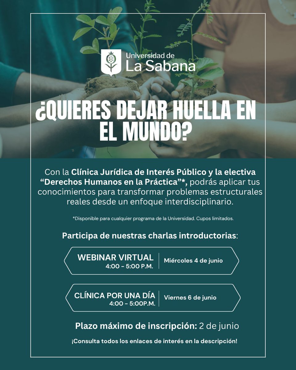 ¿Te imaginas usar lo que sabes para cambiar realidades? 🌍 La electiva Derechos Humanos en la Práctica + la Clínica Jurídica te ponen al frente del cambio. ¿Te le mides? 
🗓️ Inscríbete antes del 2 de junio: forms.office.com/r/Ke56Uj6f7L
🔗 Conéctate aquí: goo.su/rNhQH7