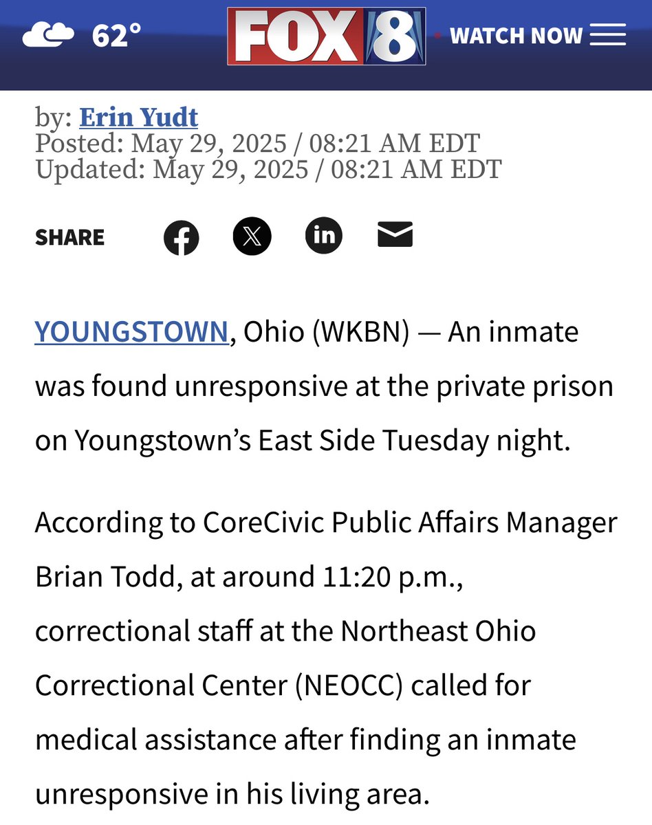 an incarcerated person died at CoreCivic run Northeast Ohio Correctional Center in Youngstown.
CoreCivic private prison scumbags run this facility and it is one of many jails and prisons in Ohio that is contracted with ICE and the feds too.