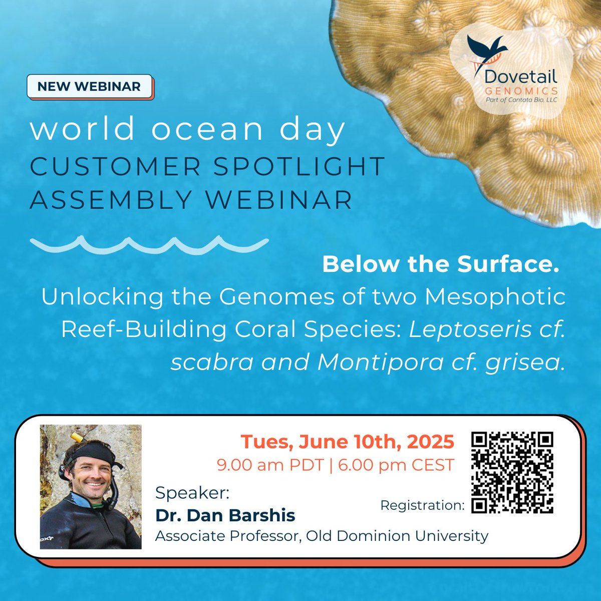 🌊 Celebrate #WorldOceanDay with us!
Join our June 10 webinar to explore the 1st reference genomes of 2 deep-reef corals, built with Dovetail Omni-C.
We’re also donating to <a href="/coralcrf/">Coral Restoration Foundation</a> to support reef restoration.
📅 Register now to attend &amp; get the recording!
🧬 #CoralConservation