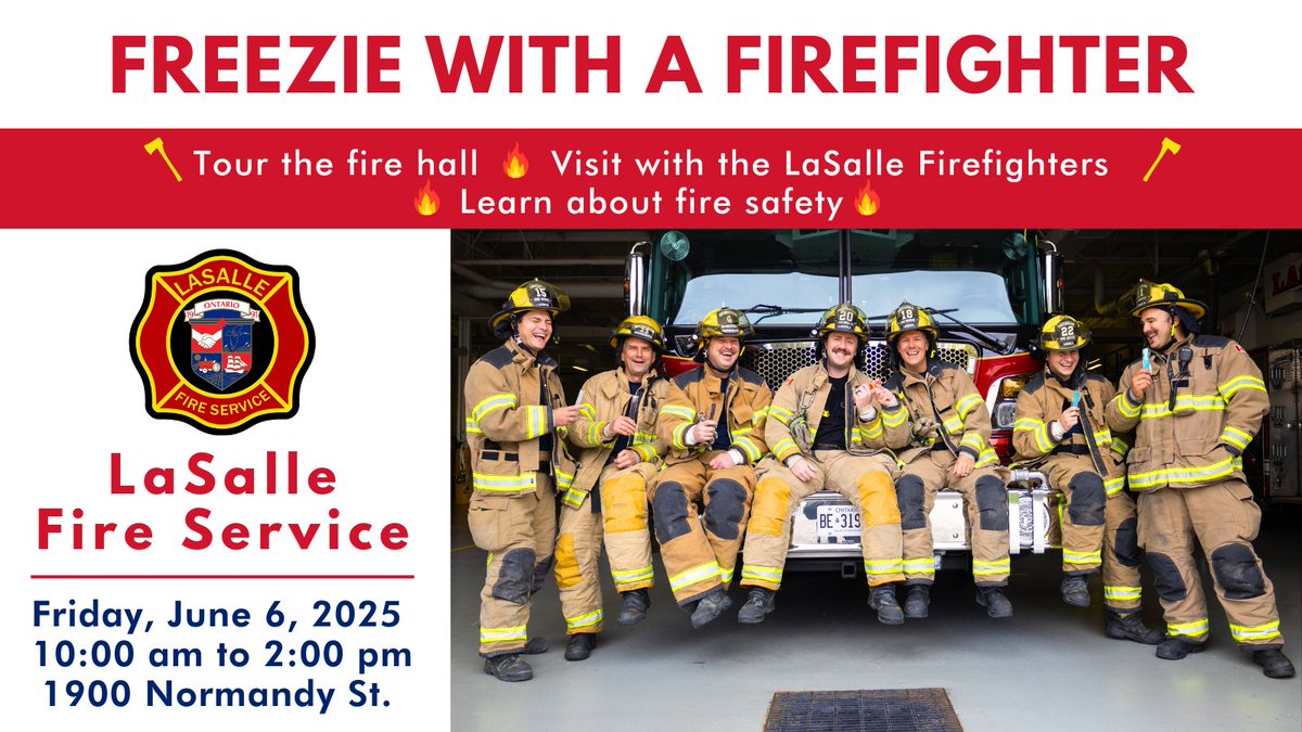 Stop In for a Freezie with a Firefighter. 🚒🍡

We are opening our doors to the community on Friday, June 6 from 10:00 am until 2:00 pm. Stop in to have a freezie with our firefighters, learn about fire safety, and tour the fire hall.

lasallefire.ca