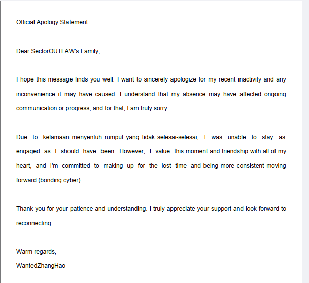 WantedZhangHao's tweet photo. [OFFICIAL STATEMENT]

Hello, This is WantedZhangHao speaking. I want to sincerely apologize to @OutlawDUNE @OutlawDJANG0 @OutlawEINSTEIN @OutlawELLIOT and fellow Wanted(s) for being inactive. This is solely come from my deepest heart. please accept my apology. https://t.co/OensucYWNl