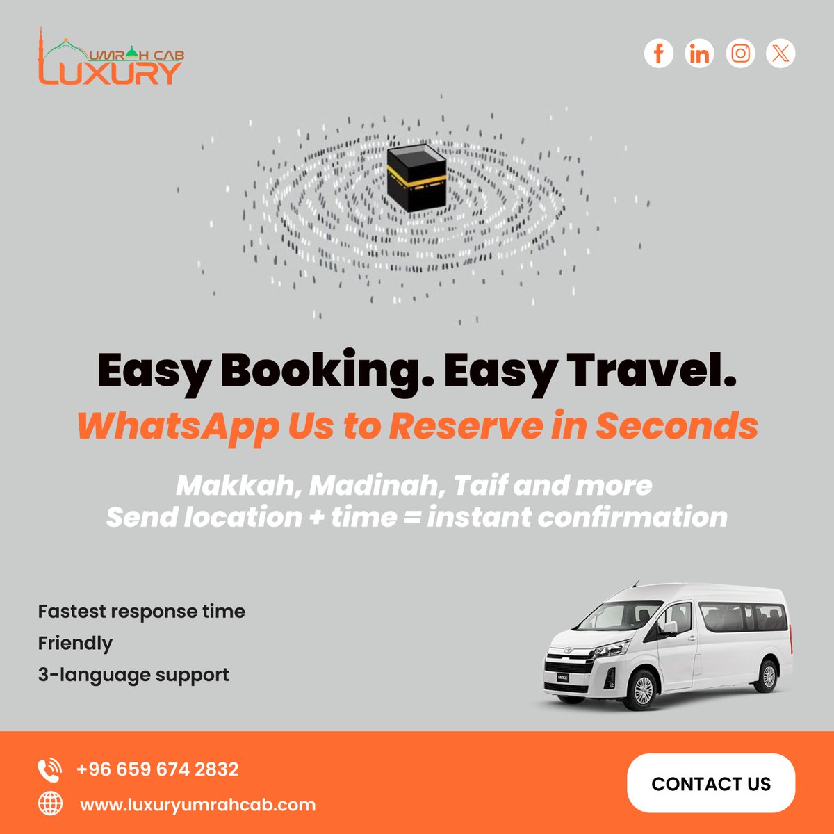 luxuryumrahcab's tweet image. Your luxury ride is one message away:
📌 Send location + time → Get confirmed in 2 minutes

📲 Chat to book: +966 59 674 2832
🔗 Browse fleet: luxuryumrahcab.com
#LuxuryOnDemand #VIPUmrahTaxi #HassleFreeTravel #BookInSeconds #SaudiArabiaTravel