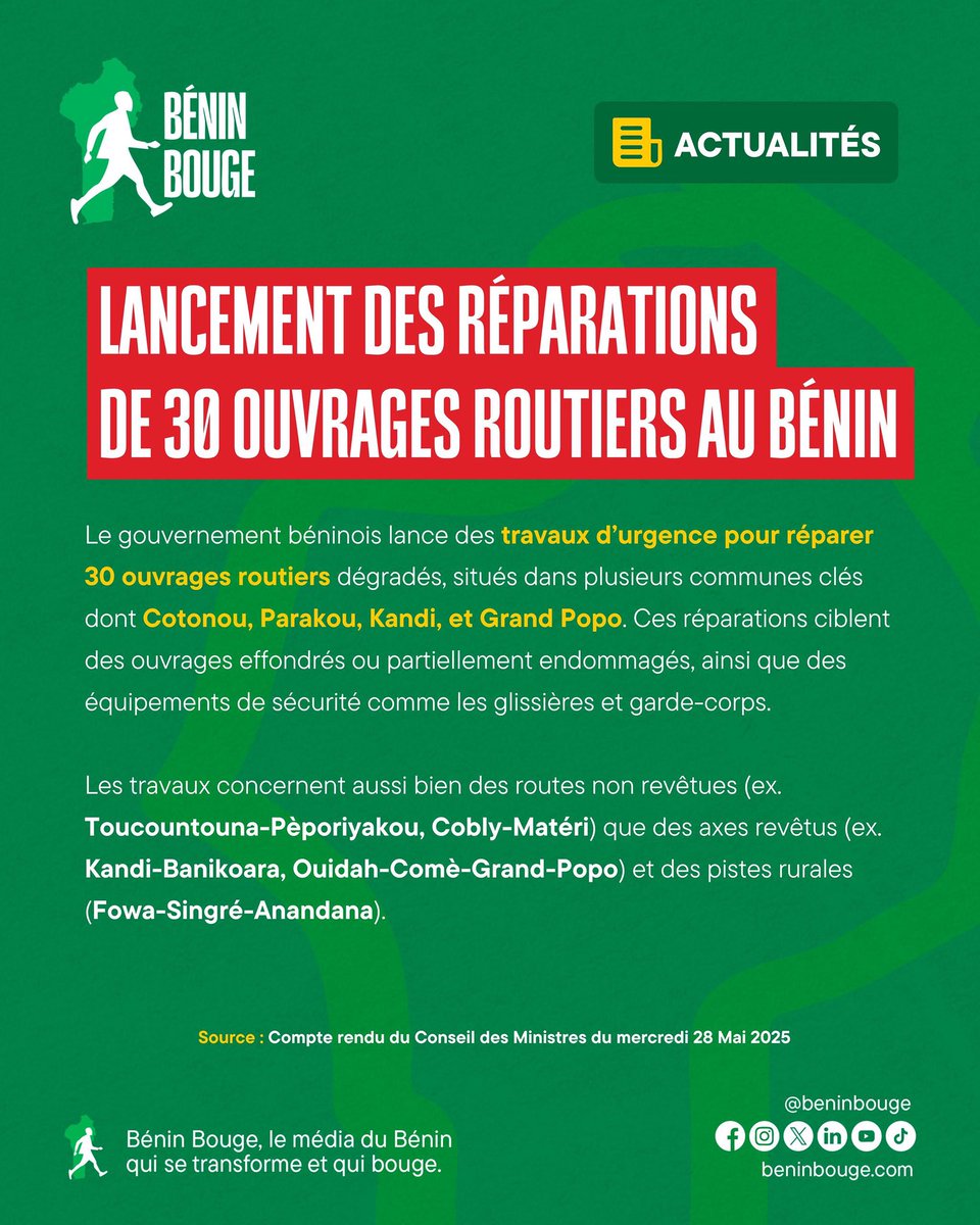 #ConseilDesMinistres | 𝗥𝗲́𝗽𝗮𝗿𝗮𝘁𝗶𝗼𝗻 𝗱𝗲 𝟯𝟬 𝗼𝘂𝘃𝗿𝗮𝗴𝗲𝘀 𝗿𝗼𝘂𝘁𝗶𝗲𝗿𝘀 

Face à la dégradation de 30 ouvrages clés sur plusieurs axes stratégiques, le gouvernement engage des travaux urgents pour garantir sécurité et fluidité.

Que ce soit sur des routes non