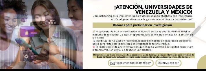 ¡Queremos expandir nuestra investigación! 
Tras la publicación de nuestro artículo en la revista #Tekhné sobre la integración de #chatbots en universidades, estamos buscando Instituciones de Educación Superior que deseen participar en la siguiente fase de nuestra investigación