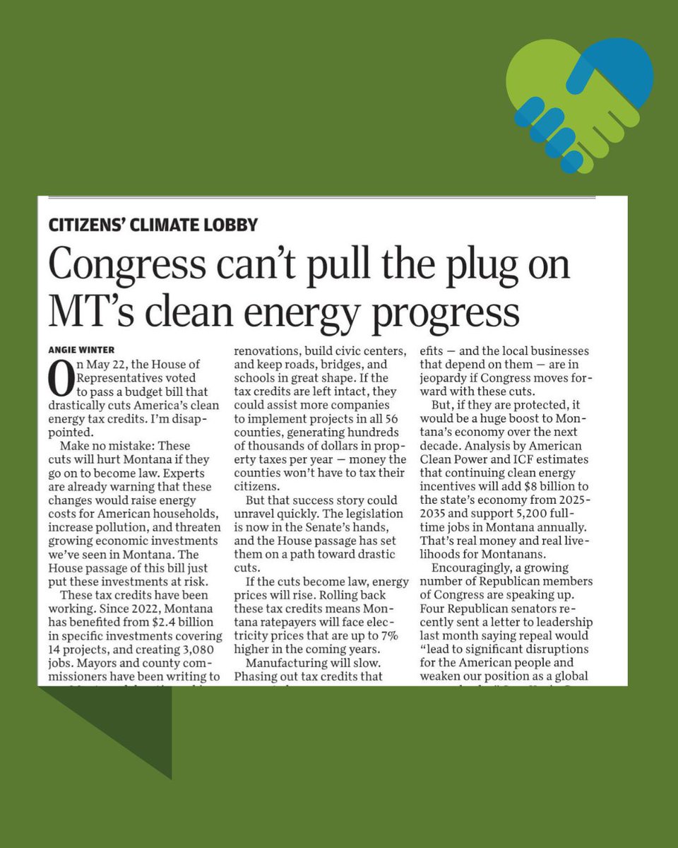 “Montana’s clean energy future is on the line,” writes Angie Winter in the @Missoulian. Read her op-ed on why <a href="/SteveDaines/">Steve Daines</a> @SenSheehyMT should defend the clean energy tax credits fueling $2.4B in investment and 3,080 jobs. Help by emailing our Senators 👉 cclusa.org/take-action