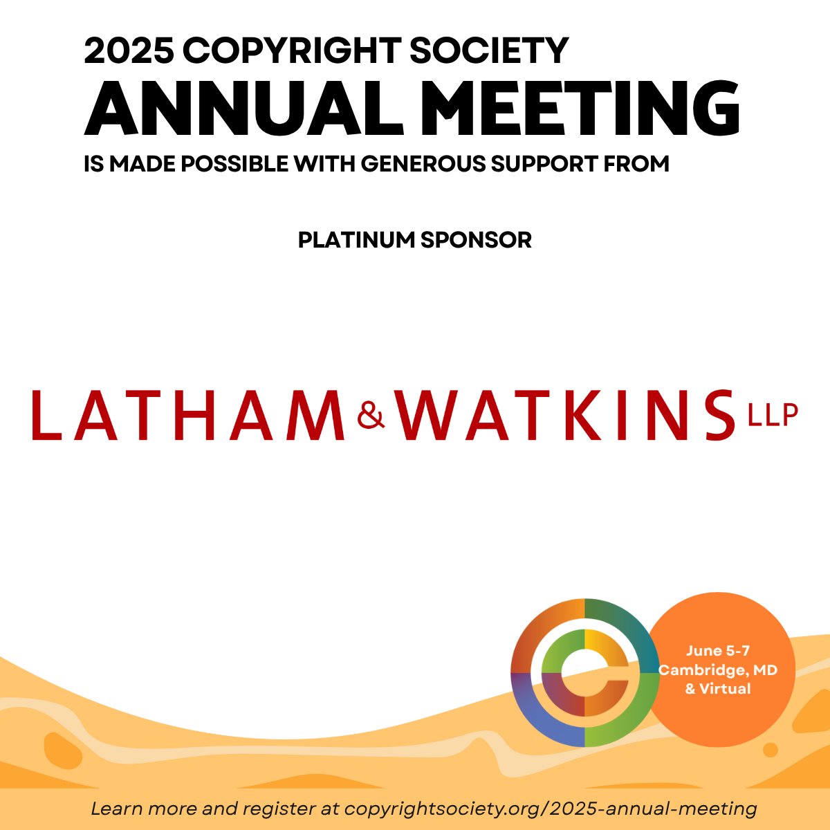 Copyright Society (@copyrightsoc) on Twitter photo 🌟 A huge shoutout to <a href="/lathamwatkins/">Latham & Watkins LLP</a> for their generous support as a Platinum Sponsor of the #2025AnnualMeeting!
If you haven’t registered yet, now’s the time:
➡️ copyrightsociety.org/event/2025-ann…
#CopyrightAM #Copyright #CopyrightSociety 🌟 A huge shoutout to <a href="/lathamwatkins/">Latham & Watkins LLP</a> for their generous support as a Platinum Sponsor of the #2025AnnualMeeting!
If you haven’t registered yet, now’s the time:
➡️ copyrightsociety.org/event/2025-ann…
#CopyrightAM #Copyright #CopyrightSociety
