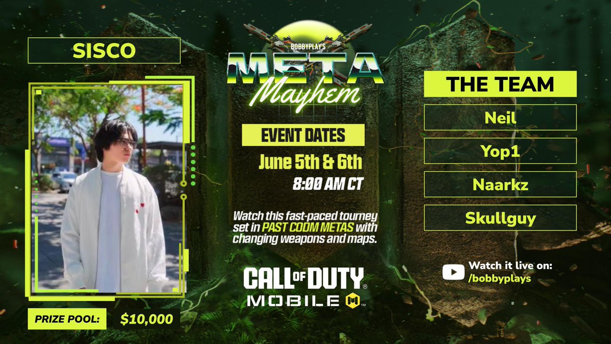 After winning the last 10.000$ Showdown Sniper tournament, I’m back on <a href="/siscoconut/">Sisco</a> team for the Meta Mayhem tournament on June 5th, live on <a href="/RealBobbyPlays/">Bobby Plays</a> channel 🦾

#CODMMetaMayhem #AMPd #PlayCODMobile