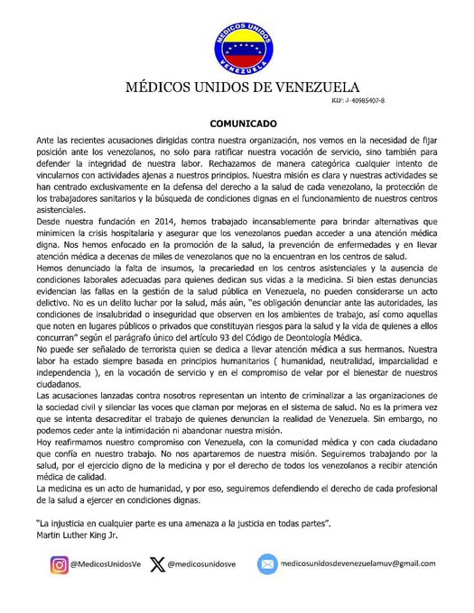 Reporte Ya (@reporteya) on Twitter photo #29May #Comunicado
<a href="/MedicosUnidosVe/">Médicos Unidos Vzla</a>: Nuestro deber médico va más allá de recuperar la salud de la gente, también incluye la denuncia de todos los riesgos y amenazas que pongan en peligro nuestra salud, tal como lo determina el Código de Deontología Médica. Ayudar a la gente no #29May #Comunicado
<a href="/MedicosUnidosVe/">Médicos Unidos Vzla</a>: Nuestro deber médico va más allá de recuperar la salud de la gente, también incluye la denuncia de todos los riesgos y amenazas que pongan en peligro nuestra salud, tal como lo determina el Código de Deontología Médica. Ayudar a la gente no