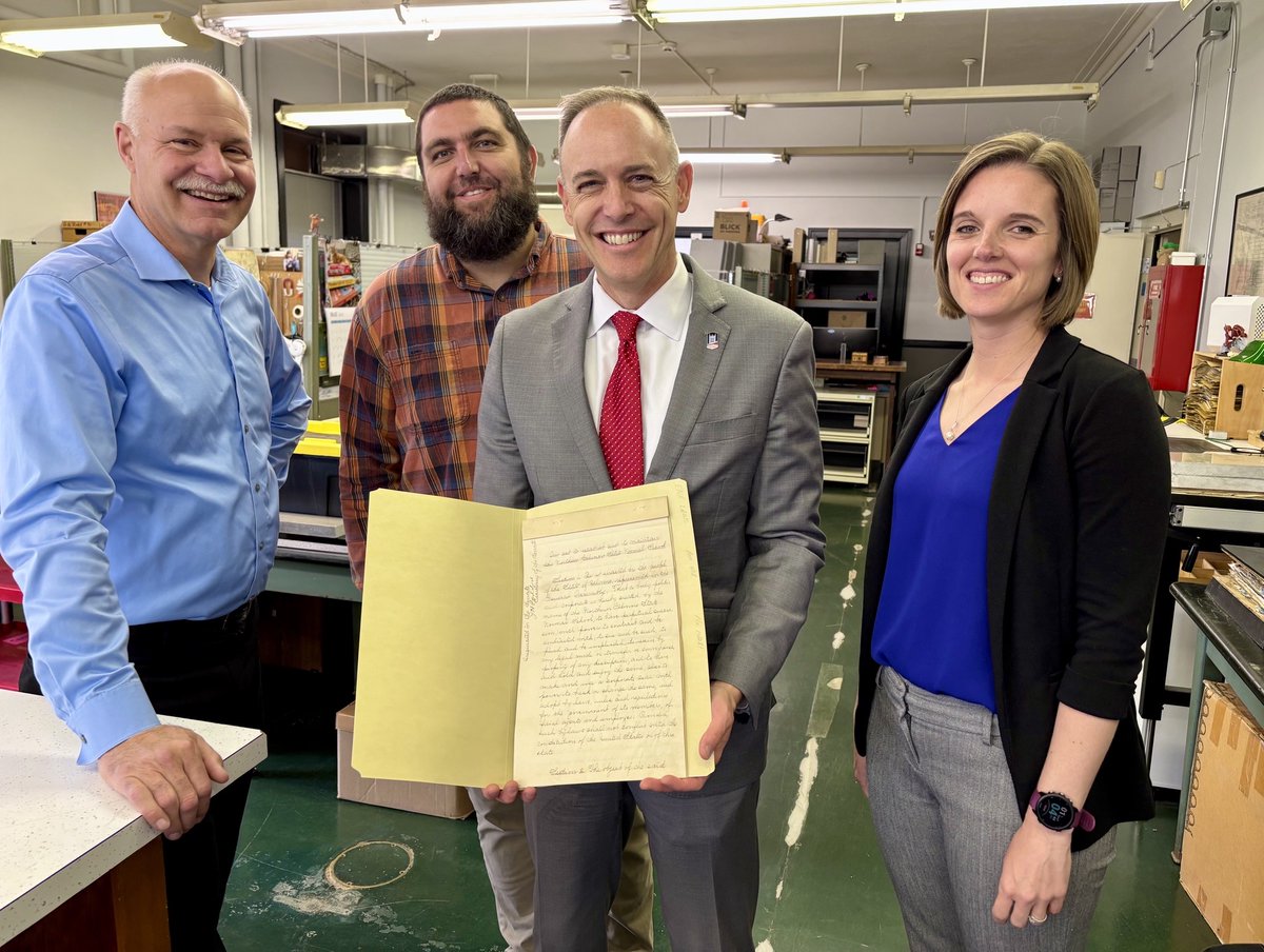NIU’s Chief Strategy Officer Matt Streb recently toured the Illinois State Archives with #NIUalum &amp; retired director Dave Joens, current director Cathy Popovitch &amp; Archival Program Administrator Alex Dixon &amp; got a behind-the-scenes look at NIU’s 1895 founding law. 🐾📜
