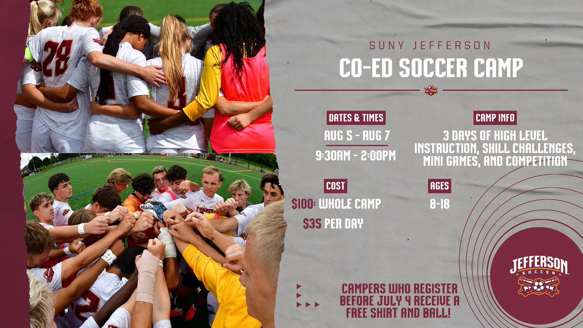 SUNY Jefferson Athletics (@cannoneers) on Twitter photo Check out the 2025 Co-Ed Summer Soccer Camp at the Cannoneer Turf Complex! 3 days of high level instruction, skill work, and more! 
🔗 Link in bio or below!
events.sunyjefferson.edu/event/jefferso… Check out the 2025 Co-Ed Summer Soccer Camp at the Cannoneer Turf Complex! 3 days of high level instruction, skill work, and more! 
🔗 Link in bio or below!
events.sunyjefferson.edu/event/jefferso…