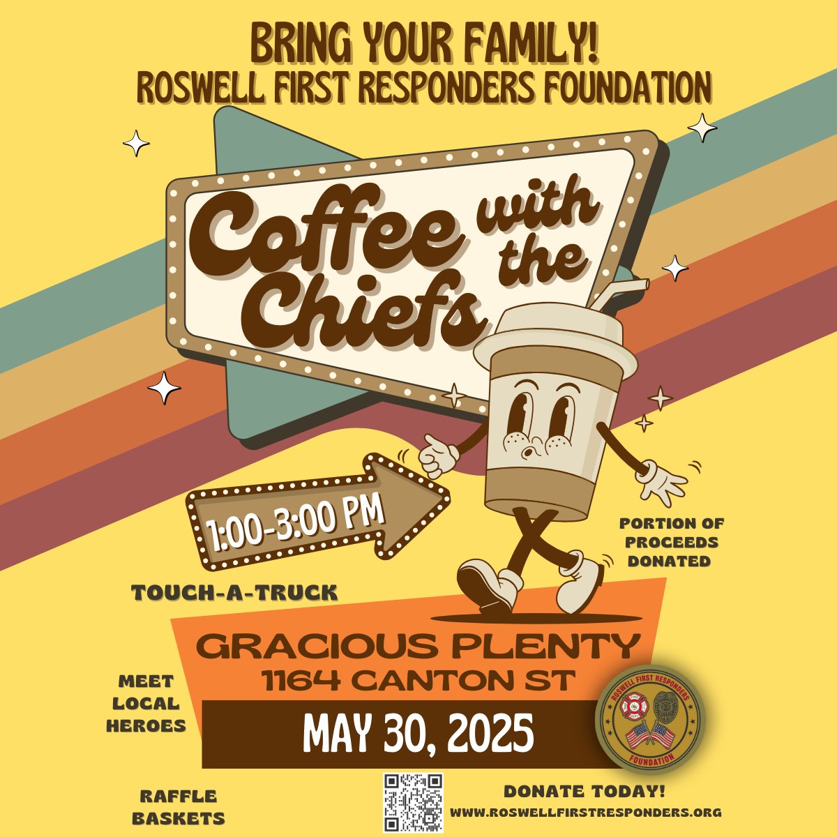 ☕️ Come meet your hometown heroes! Join us TOMORROW (May 30) from 1–3 PM at Gracious Plenty for Coffee with the Chiefs. Police &amp; Fire, trucks for the kids, and good vibes for all. Hosted by Roswell First Responders Foundation. #CoffeeWithTheChiefs #RoswellGA