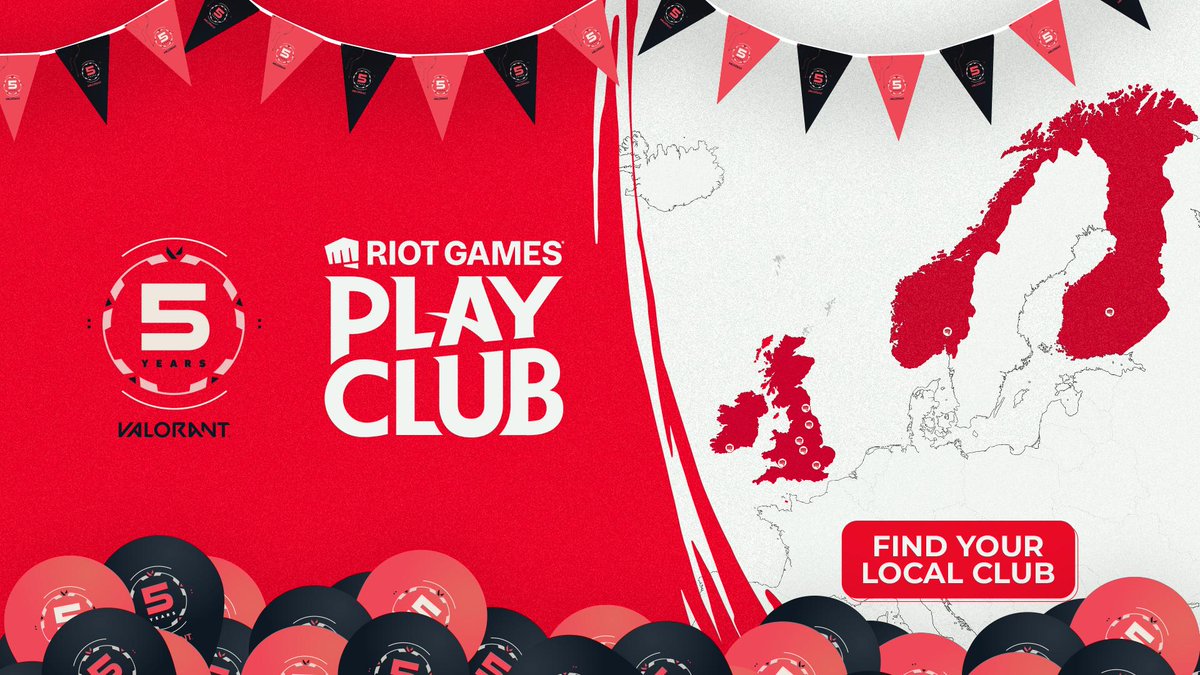 Time to celebrate 5 years of VALORANT 💥

Join the birthday party at your local Riot Play Club!
Cupcakes, games and good vibes guaranteed.

📍 All dates &amp; venues here: playvalorant.com/en-gb/news/com…

#5YEARSOFVAL #RiotPlayClub