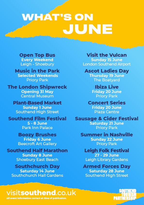 WHAT'S ON JUNE ☀ 🍦

June is almost here, and Southend has loads of great events coming up! From family fun to live music, food markets and films, there’s something for everyone! 

✨ Get inspired by our top picks below 👇

 visitsouthend.co.uk/whatson