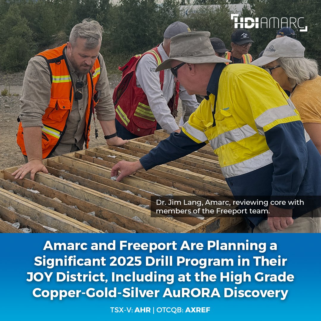 HDI_Amarc's tweet image. Amarc $AHR.V | $AXREF and Freeport Are Planning a Significant 2025 Drill Program in Their JOY District, Including at the High Grade Copper-Gold-Silver AuRORA Discovery

▶️ Drilling is planned to be focused at the Company’s new, high grade, gold-rich porphyry #copper-#gold-#silver…