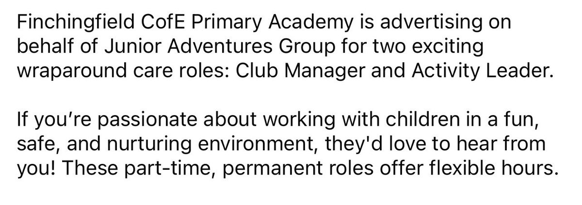 Finchingfield CofE Primary Academy is advertising on behalf of Junior Adventures Group for two exciting wraparound care roles: Club Manager and Activity Leader. 

essexschoolsjobs.co.uk/Vacancies/Deta…
or 
junioradventuresgroup.co.uk/join-our-team/…