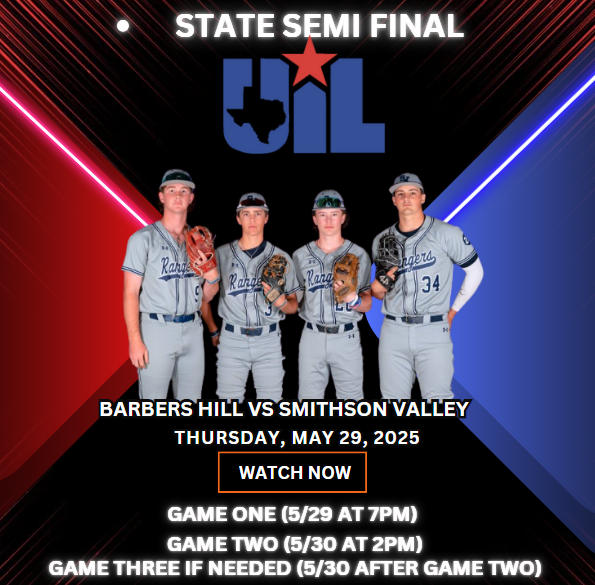 Texas UIL SPORTS (@texasuil_sport) on Twitter photo ๐จState Semifinals๐จ
Barbers Hill vs Smithson Valley
๐บ bit.ly/4d4J7B7
๐
Thursday 29
โฐ 7PM
<a href="/SV_Baseball/">Smithson Valley Baseball</a> <a href="/SV_Rangers/">SV Ranger Athletics</a> <a href="/rangersection/">SV STUDENT SECTION</a> <a href="/CoachWWood/">William Wood</a> <a href="/RangerRecruits/">Ranger Recruiting</a> <a href="/AllanLynch1970/">Allan Lynch</a> <a href="/DK_CISD_SMD7/">David Krawczynski</a> <a href="/valleyventana/">SVHS Media</a> <a href="/GavinP44/">Gavin Parker</a> <a href="/BAllen0027/">Blake Allen</a> <a href="/AllanLynch1970/">Allan Lynch</a> ๐จState Semifinals๐จ
Barbers Hill vs Smithson Valley
๐บ bit.ly/4d4J7B7
๐
Thursday 29
โฐ 7PM
<a href="/SV_Baseball/">Smithson Valley Baseball</a> <a href="/SV_Rangers/">SV Ranger Athletics</a> <a href="/rangersection/">SV STUDENT SECTION</a> <a href="/CoachWWood/">William Wood</a> <a href="/RangerRecruits/">Ranger Recruiting</a> <a href="/AllanLynch1970/">Allan Lynch</a> <a href="/DK_CISD_SMD7/">David Krawczynski</a> <a href="/valleyventana/">SVHS Media</a> <a href="/GavinP44/">Gavin Parker</a> <a href="/BAllen0027/">Blake Allen</a> <a href="/AllanLynch1970/">Allan Lynch</a>