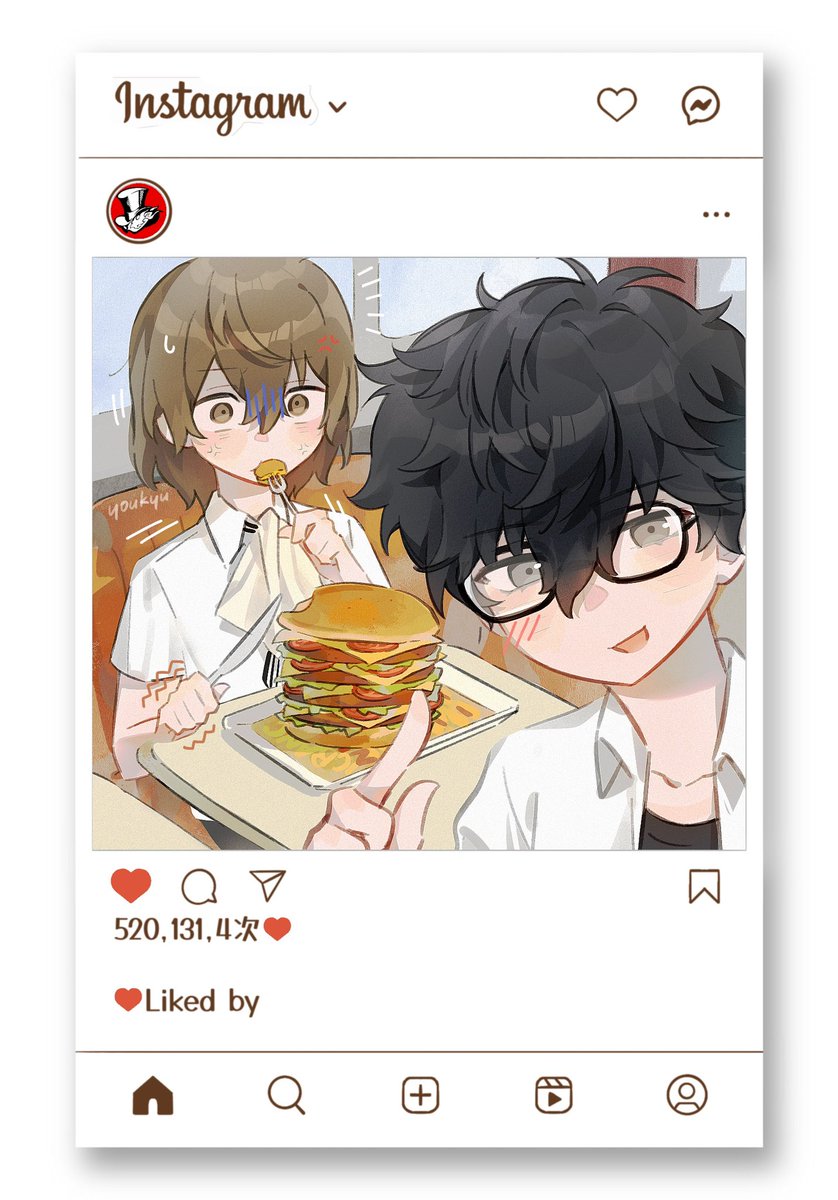 NIXAIJVV's tweet photo. 今天来吃汉堡了！🍔
约了明智同学很多次终于同意了！说要在晚上没人的时候才过来…拍照的时候表情怪怪的是汉堡不好吃吗……？
 #p5r #主明 # https://t.co/j4YQU7zXEe