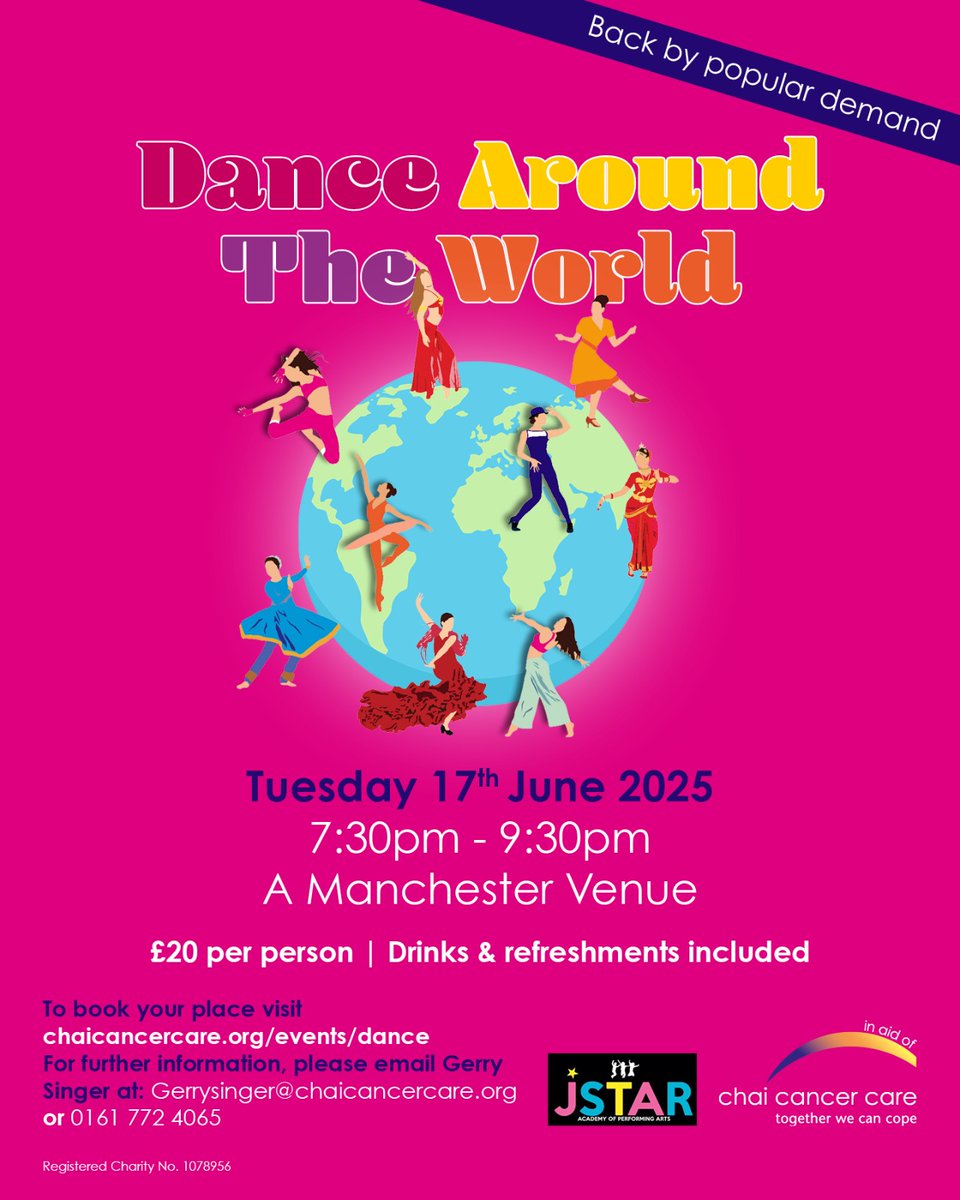 Join us on 17th June from 7:30pm - 9:30pm at a Manchester venue for an unforgettable evening with <a href="/jstaracademy/">J Star Academy</a>.

Learn dance styles from around the world, including Line Dancing, Bollywood, and Israeli Dancing; all while supporting a very worthy cause.

chaicancercare.org/events/dance/
