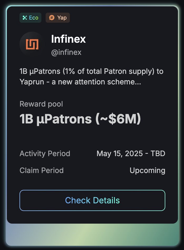 after checking <a href="/KaitoAI/">Kaito AI 🌊</a> earn opportunities, i just funded my <a href="/infinex/">Infinex</a> wallet. 

$6m in µPatrons up for grabs across 4 seasons. 

-season 0 ended on may 14.
-season 1 live since may 15.
-season 2 and 3 not announced yet. 

still early!