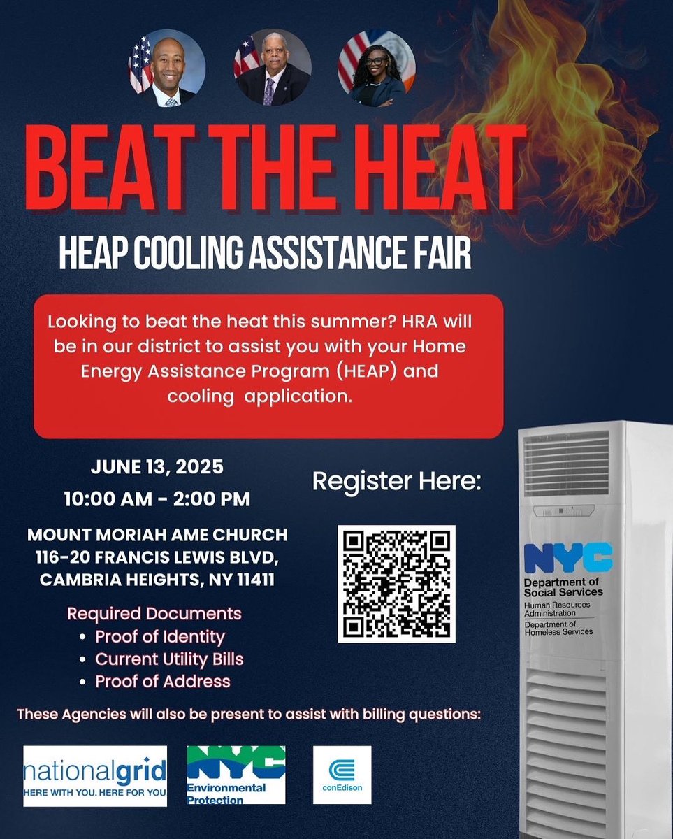 Need help staying cool this summer?
Join me June 13 for a HEAP Cooling Assistance Fair in Cambria Heights!
✅ Apply for cooling benefits
✅ Get support from National Grid, DEP &amp; ConEd
📍 Mount Moriah AME Church, 10AM–2PM
Register: bit.ly/heapcoolingfair
 #HEAP #CoolingSupport