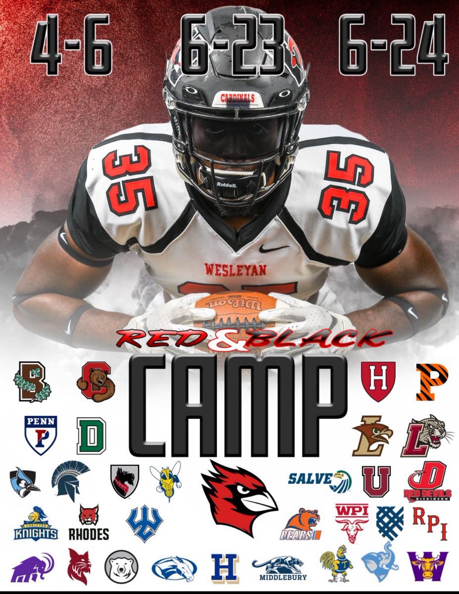 Thank you so much <a href="/CoachDiCenzo/">Dan DiCenzo</a> for the invite to the Red and Black FB Camp at <a href="/Wesfbclinic/">Red and Black Football Clinic</a> <a href="/Wes_Football/">Wesleyan University Football</a>. I’m excited to compete for Ivy League schools and learn about all the programs and compete! #AGTG <a href="/CoachPriore/">Coach P</a> <a href="/CoachDupont/">Jon Dupont</a> <a href="/vosrecruitng/">vos recruting</a> <a href="/N_W_Sports/">Nation Wide Sports!</a> <a href="/JamesDJackson15/">James D. Jackson</a>