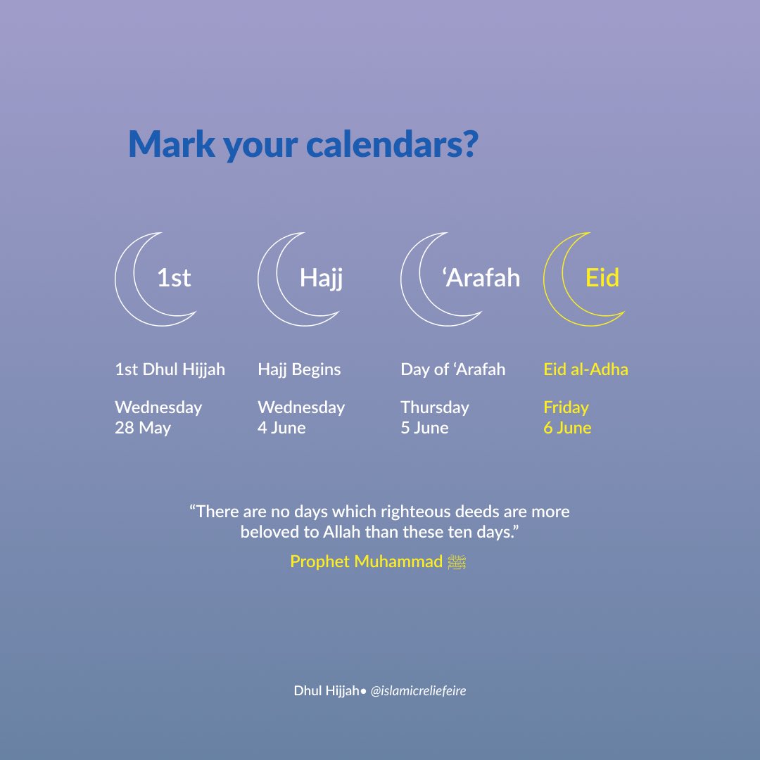 The first 10 days of Dhul Hijjah are here!🌙

Make the most of Dhul Hijjah with prayer, fasting, dhikr, charity, and giving Qurbani.

📅 Key dates:
•4th June – Hajj begins
•5th June – Day of Arafah 
•6th June – Eid al-Adha &amp; Qurbani

May Allah accept from us. Ameen🤲🏼