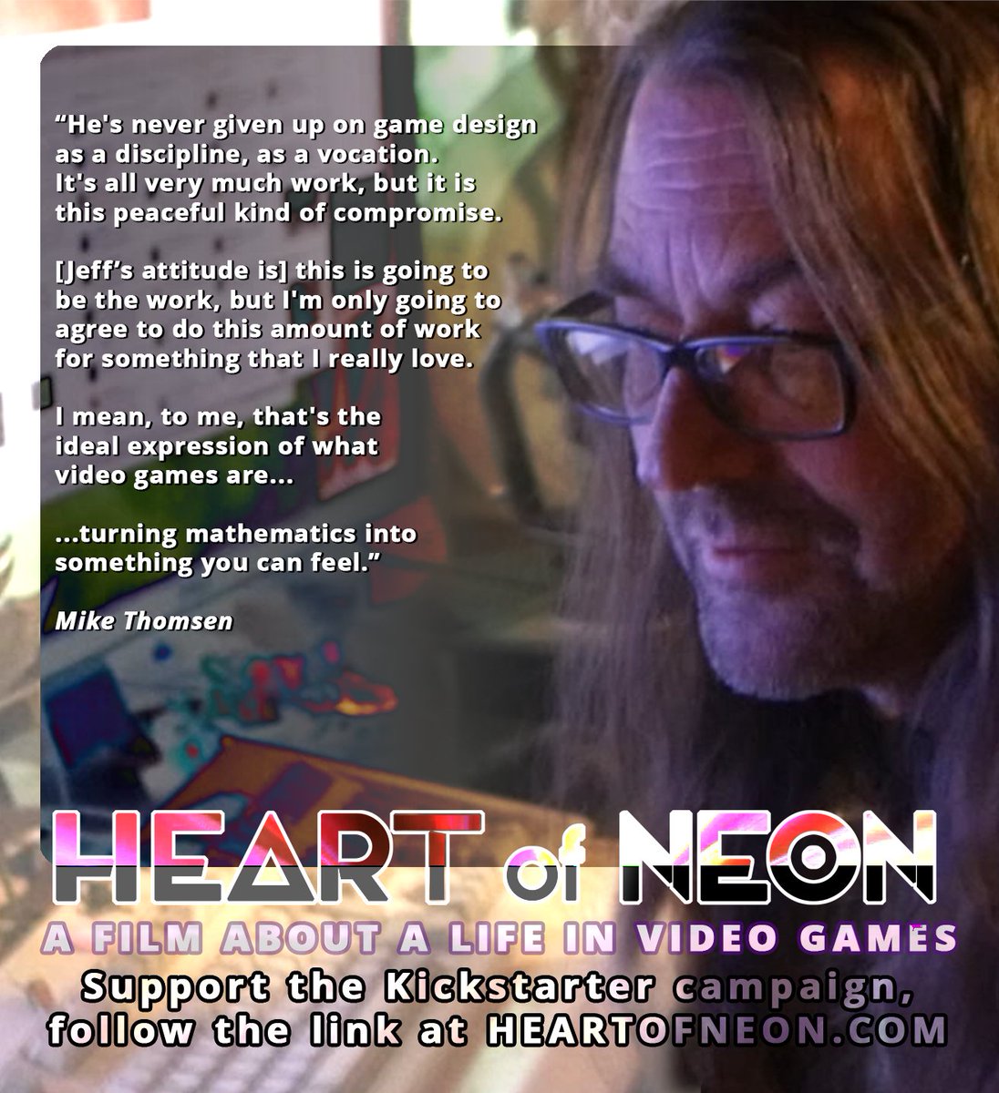 HEART OF NEON is a unique perspective on the evolution of the video games business from the point of view of someone who never put profit before the pleasure of gaming.

kickstarter.com/projects/dokk/…

#gamingcommunity #retrogaming #videogames #jeffminter #llamasoft #indiefilm