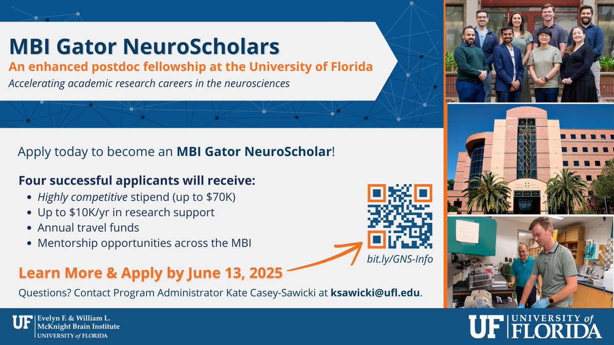 Reminder: Applications are still open for 4 new MBI Gator NeuroScholars — an enhanced postdoc fellowship <a href="/UF/">FLORIDA</a> with up to a $70K stipend, up to $10K in research support, annual travel funds, mentorship opportunities &amp; more.

Learn more &amp; apply by June 13: bit.ly/GNS-Info