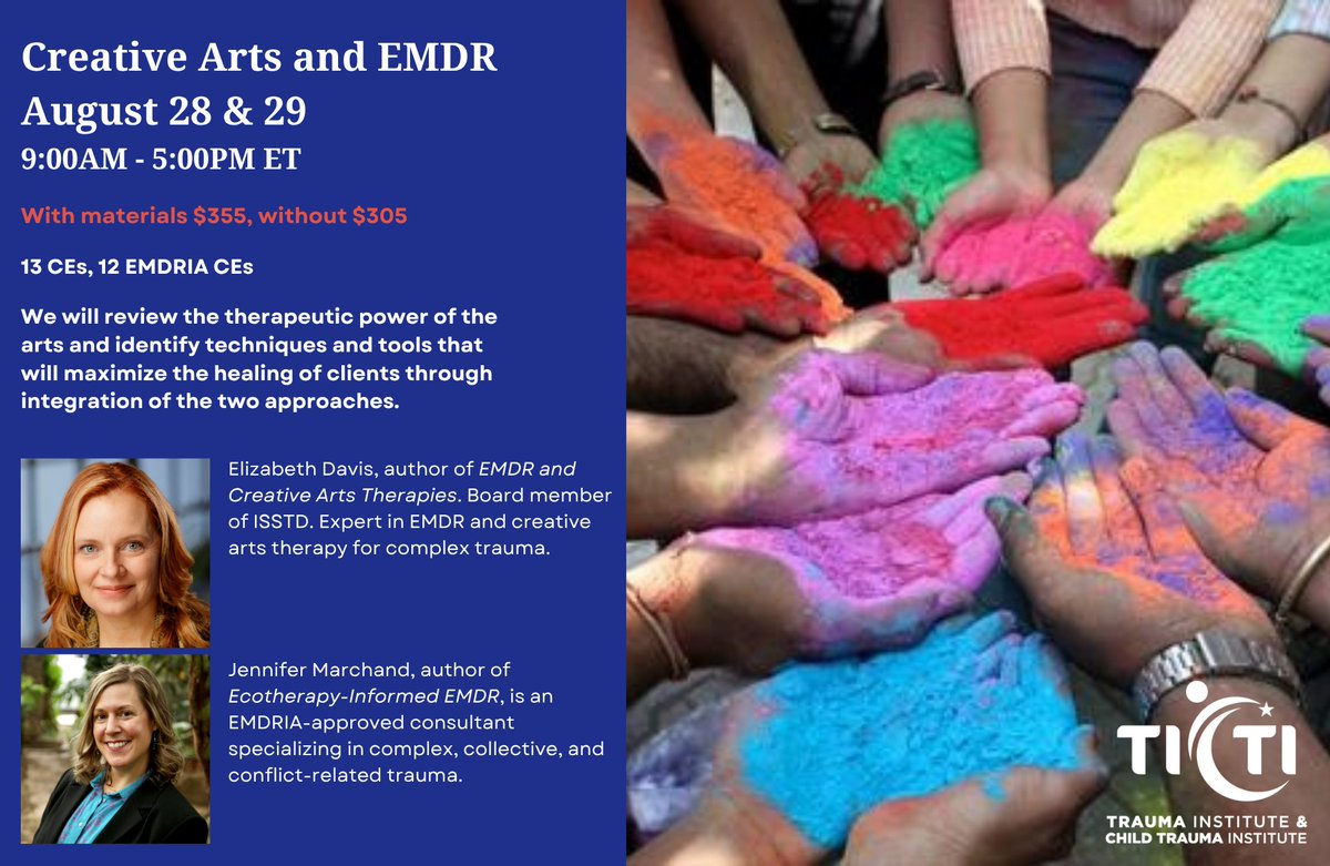 Creative Art and EMDR

Starts August 28

Explain three approaches for integrating art experience in Phase 4 to help process trauma, grief and loss

Information and Registration: ticti.org/training/creat…

#emdr #Creativearts
