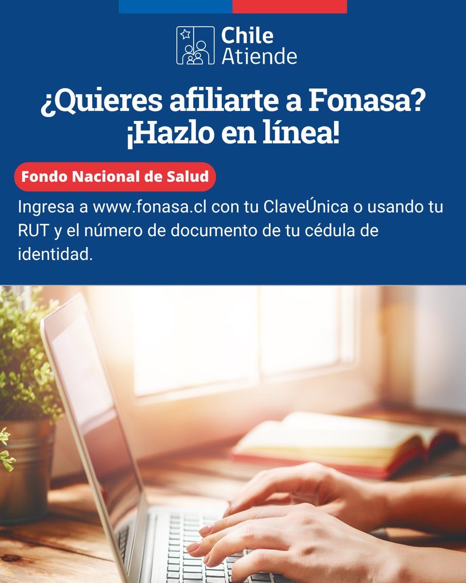ChileAtiende Oficial (@chileatiende) on Twitter photo ¿No tienes tiempo para hacer trámites presenciales? ¡Afíliate a <a href="/Fonasa/">Fonasa - Fondo Nacional de Salud - Chile</a> en línea! 🤳
Necesitarás tu ClaveÚnica o RUT más el número de documento de tu cédula de identidad ✅.
Revisa todos los detalles 👉tinyurl.com/mr2zzskr ¿No tienes tiempo para hacer trámites presenciales? ¡Afíliate a <a href="/Fonasa/">Fonasa - Fondo Nacional de Salud - Chile</a> en línea! 🤳
Necesitarás tu ClaveÚnica o RUT más el número de documento de tu cédula de identidad ✅.
Revisa todos los detalles 👉tinyurl.com/mr2zzskr