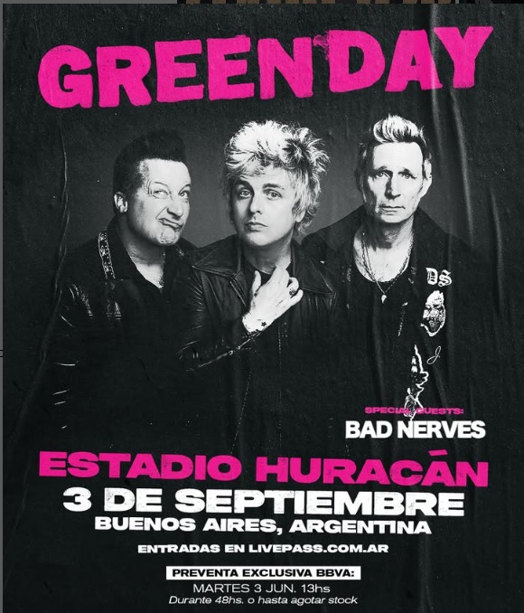 🔥 ¡GREEN DAY en ARGENTINA! 🇦🇷
🎸 La espera terminó: el 3 de SEPTIEMBRE revientan el 📍Estadio Huracán (Buenos Aires)
🙌 Invitados: Bad Nerves
📢 En el marco de su gira sudamericana
🎟️ Entradas en livepass.com.ar
#GreenDay #BuenosAires #PunkRock
<a href="/moveconcertsarg/">Move Concerts Arg</a>