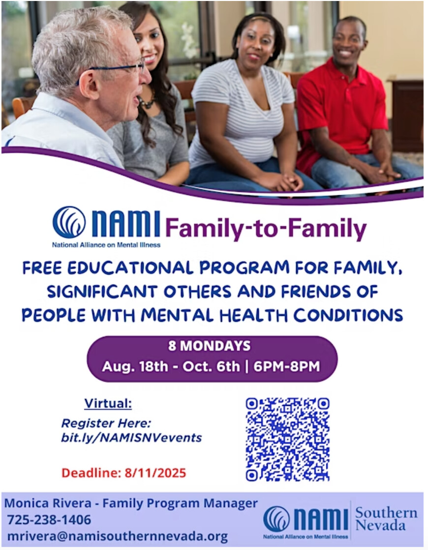NAMI Family-to-Family is a free, 8-session educational program for family, significant others and friends of people with mental health conditions.

Class begins Monday, August 18 · 6-8pm PDT

bit.ly/NAMISNVevents

#mentalhealtheducation