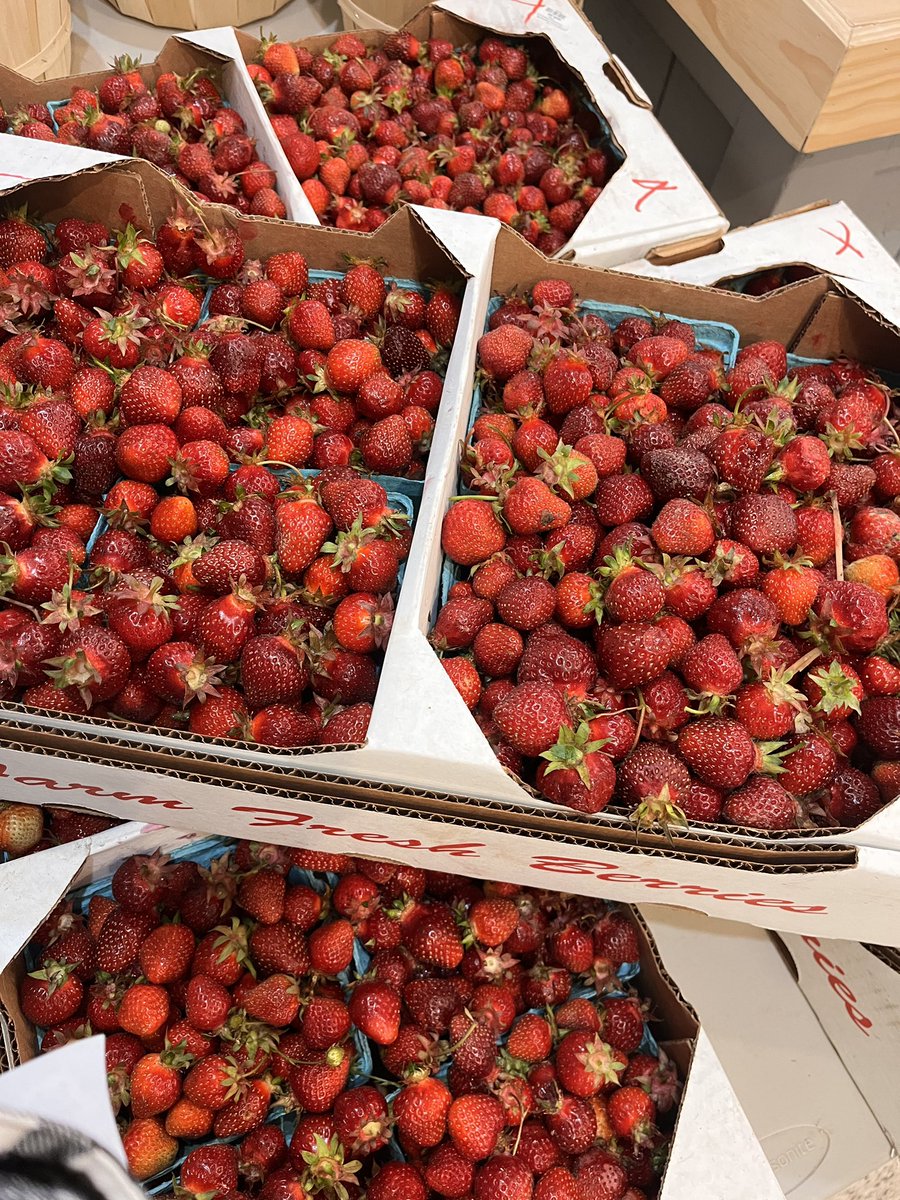 Lots of our own strawberries in the Market today. And flats of second quality that are great for making jam! 
It’s 🍓season!