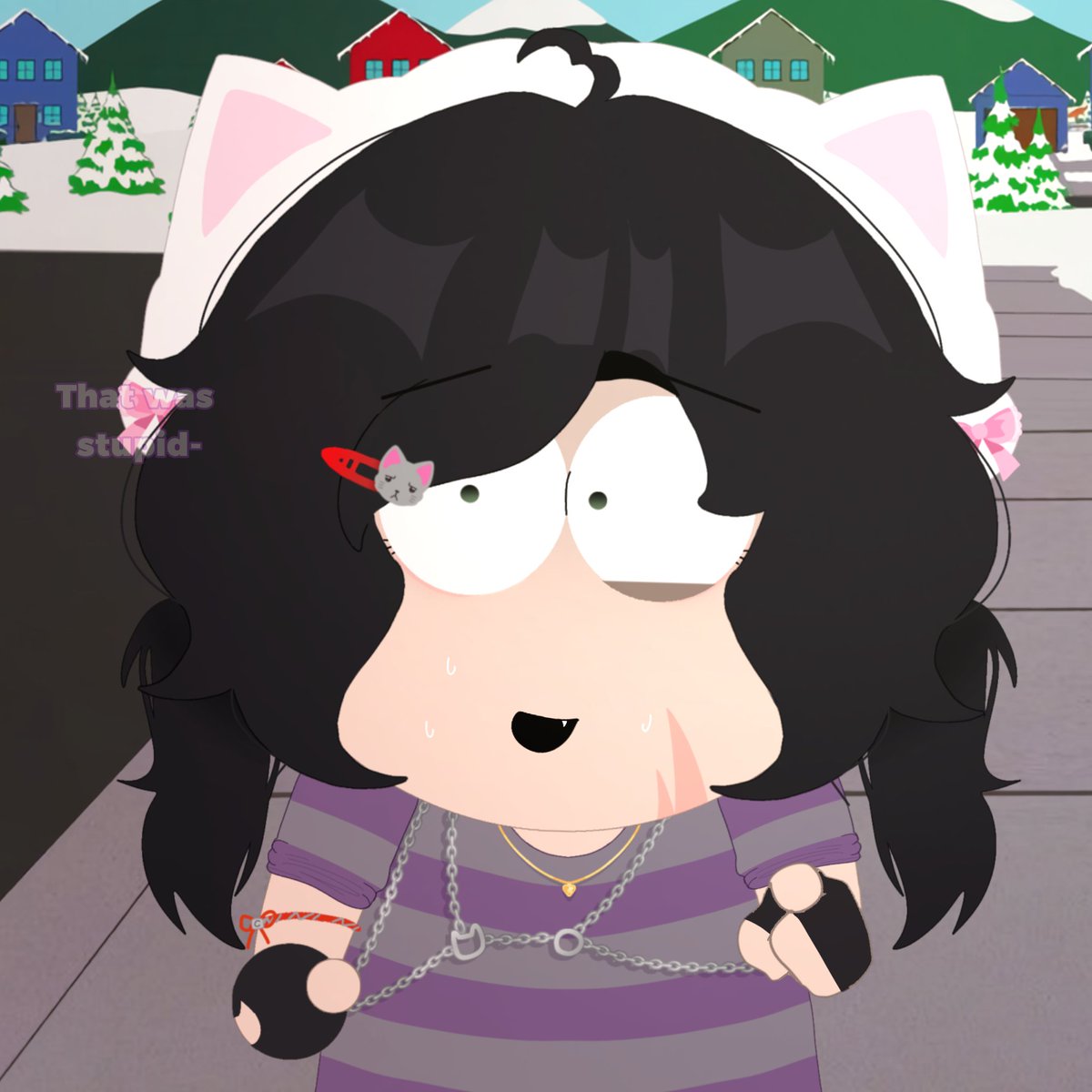 LiahSCat's tweet photo. "Gosh yeah! And I cant keep them... Ive been trying to get people to adopt them but they always end up running away- maybe im too much..."

*She said, before winking and pointing at him* "WHICH is why with you maybe we can fix that!"

"... You get it right? Like- you do the talk" https://t.co/c2pp98XzD4