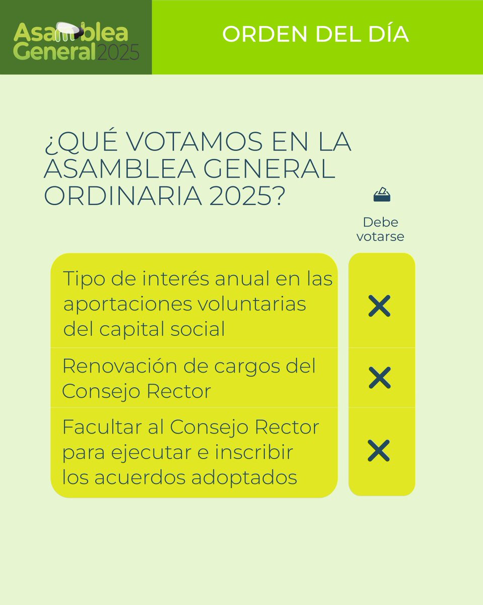 🟢 ¡Este sábado, todas a la Asamblea General!

En la infografía encontrarás los puntos que trataremos. Es el momento de poner en común, compartir visiones y decidir juntas hacia dónde queremos caminar como cooperativa. 💚