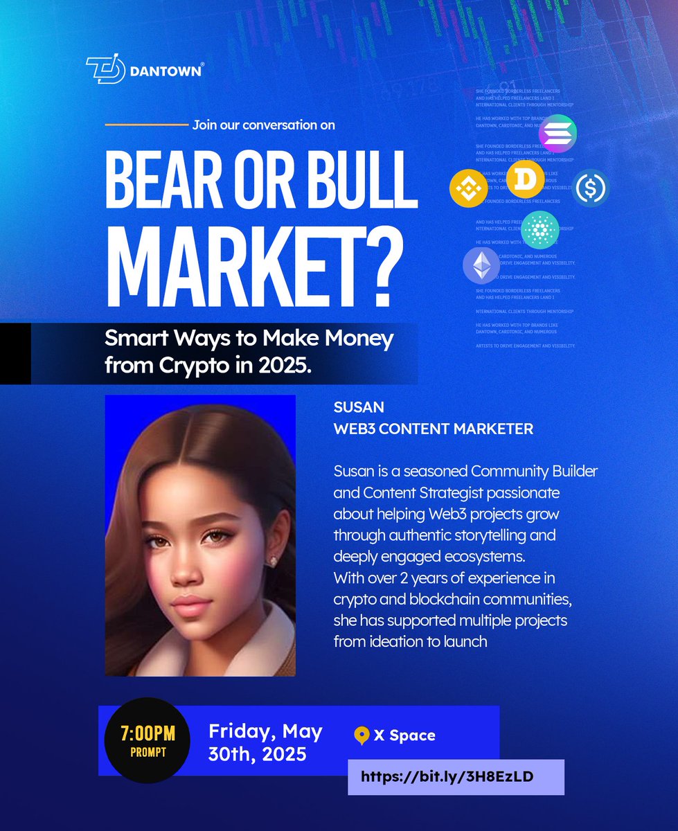 DANTOWN (@godantown) on Twitter photo Making money from crypto isn’t about guessing, it’s about strategy.
This Friday at 7 PM, join us <a href="/CryptofxOG/">ogcrypto.ETH💜</a> and <a href="/flames_250/">Susan 💙,🧱</a> as we discuss:
✅ How to profit in both bull & bear markets
✅ Strategies that work even when prices drop
📌 Join live: x.com/i/spaces/1PlKQ… Making money from crypto isn’t about guessing, it’s about strategy.
This Friday at 7 PM, join us <a href="/CryptofxOG/">ogcrypto.ETH💜</a> and <a href="/flames_250/">Susan 💙,🧱</a> as we discuss:
✅ How to profit in both bull & bear markets
✅ Strategies that work even when prices drop
📌 Join live: x.com/i/spaces/1PlKQ…