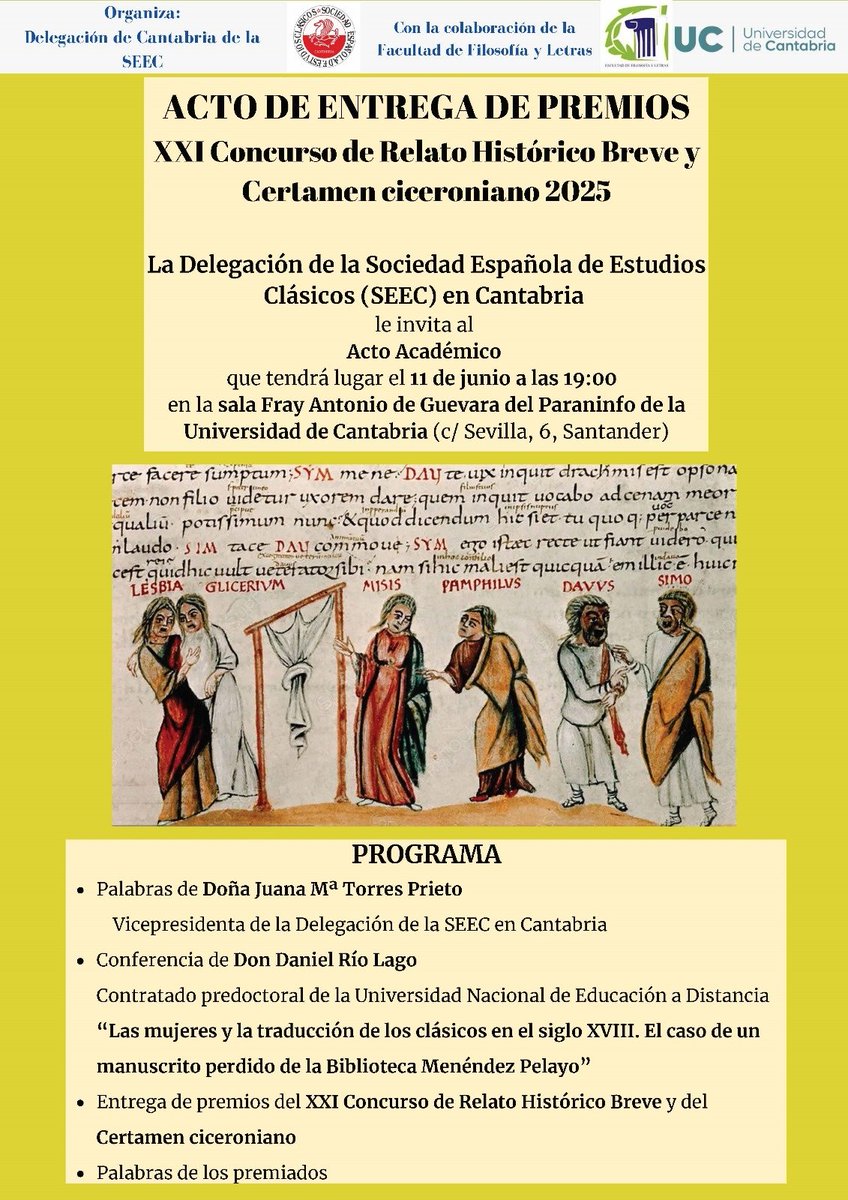 Carolina Cortés (@carolcortesb) on Twitter photo 11 de junio entrega de premios del XXI Concurso de Relato Histórico Breve y Certamen Ciceroniano, organizado por la Delegación en Cantabria de la <a href="/SEEC_nacional/">SEEC</a>
<a href="/DanielRioLago/">Daniel Río Lago</a> hablará sobre las mujeres y la traducción de los clásicos.
🕕 19:00
📍PAraninfo de <a href="/unican/">Universidad de Cantabria</a> 11 de junio entrega de premios del XXI Concurso de Relato Histórico Breve y Certamen Ciceroniano, organizado por la Delegación en Cantabria de la <a href="/SEEC_nacional/">SEEC</a>
<a href="/DanielRioLago/">Daniel Río Lago</a> hablará sobre las mujeres y la traducción de los clásicos.
🕕 19:00
📍PAraninfo de <a href="/unican/">Universidad de Cantabria</a>