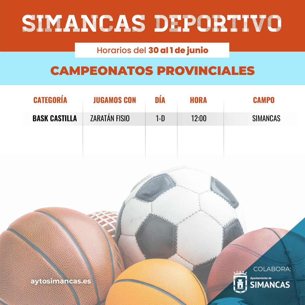 🏟️ ¡Fin de semana deportivo en Simancas! ⚽🏀
Del 30 de mayo al 1 de junio, nuestros equipos locales de fútbol y baloncesto tienen una agenda repleta de encuentros. ¡No te lo pierdas!
Consulta los carteles oficiales para ver horarios, rivales y campos de juego. 📋👀