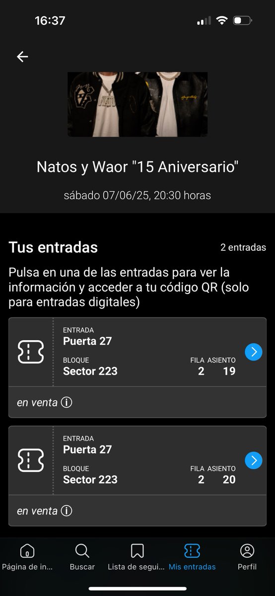 itziarprz's tweet photo. Vendo 2 entradas para Natos y Waor el 7 de junio por lo mismo que me costaron 🎫
Compra segura a través de la Fansale.

https://t.co/5vD33H8O05 https://t.co/yYpNJre59s