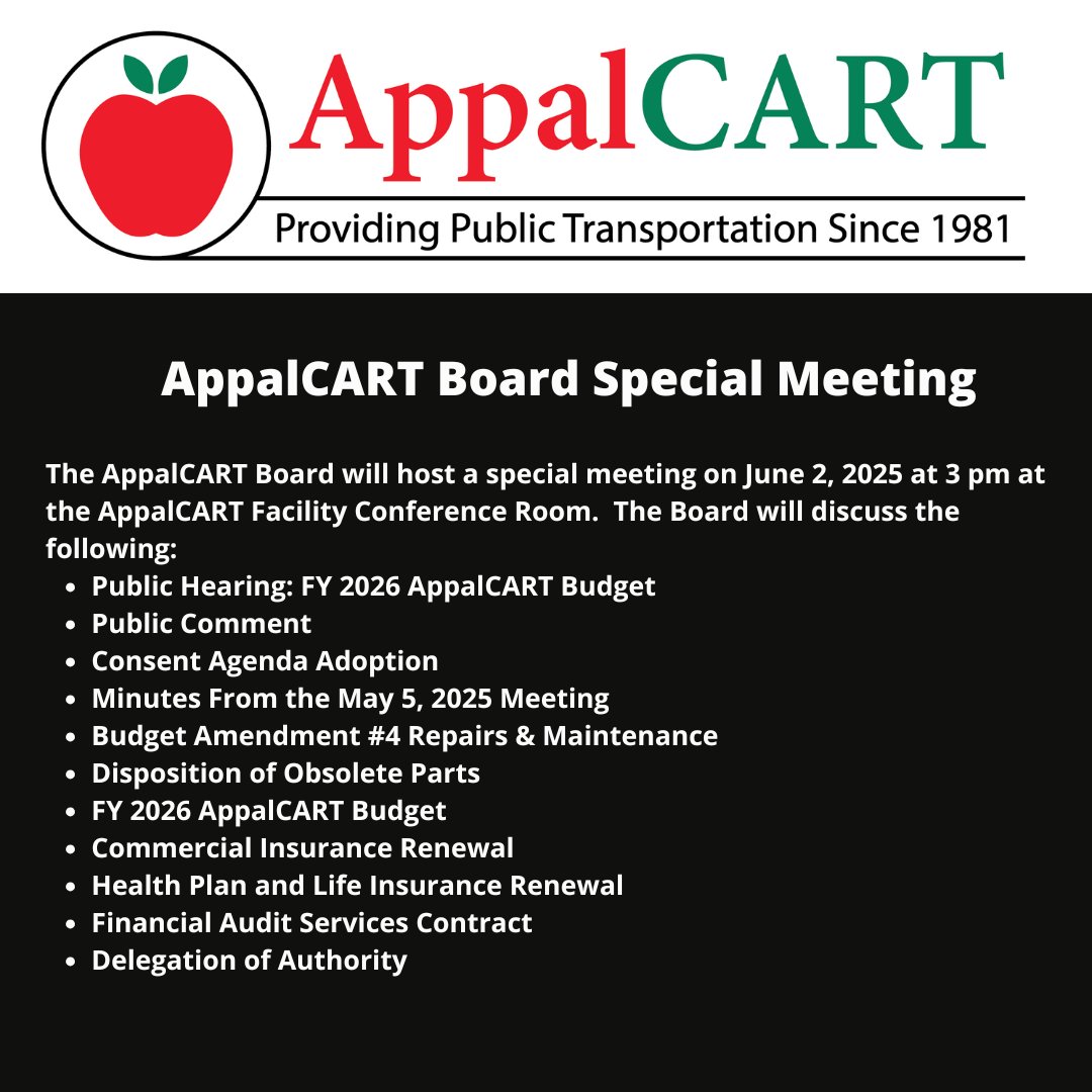 AppalCART Board Special Meeting

The AppalCART Board will host a special meeting on June 2, 2025 at 3 pm at the AppalCART Facility Conference Room. 
appalcart.com/post/appalcart…